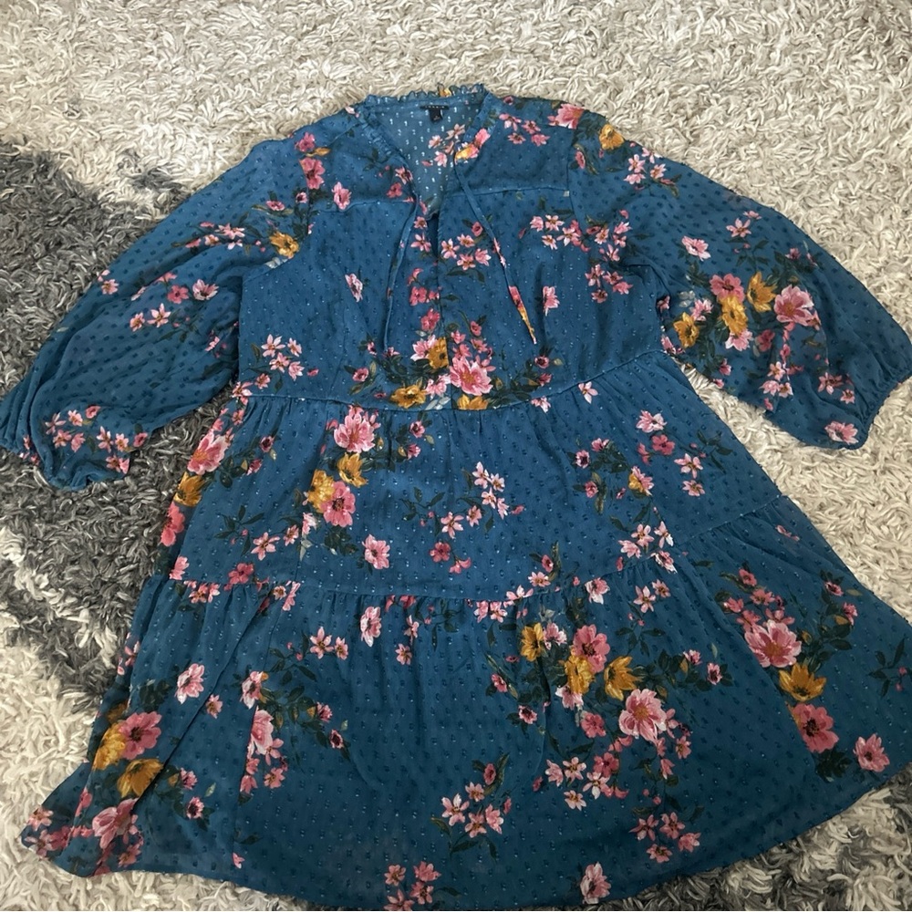Torrid Women's Chiffon Clip Dot Floral Blue Size 3 Tiered Long Sleeve Dress